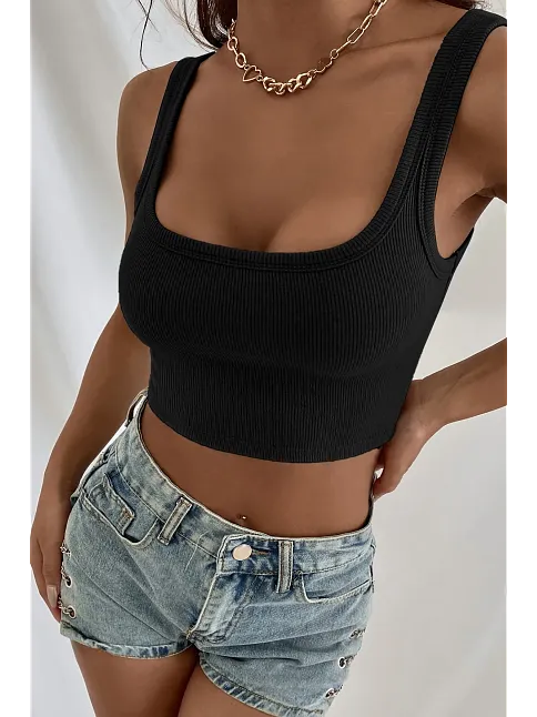 Kadın Siyah Kalın Askılı Crop Top Büstiyer – Modern Ve Şık Tasarım