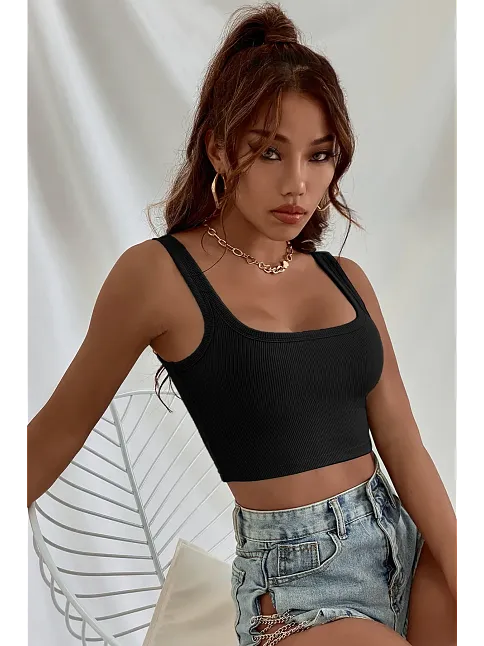 Kadın Siyah Kalın Askılı Crop Top Büstiyer – Modern Ve Şık Tasarım