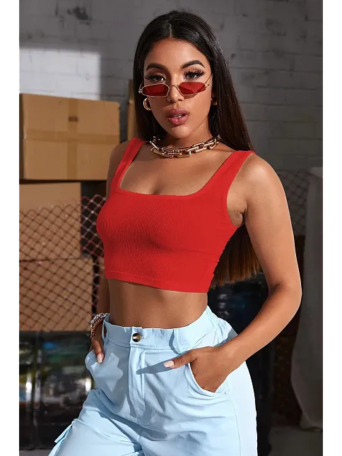 Kadın Kırmızı Kalın Askılı Crop Top Büstiyer – Modern Ve Şık Tasarım