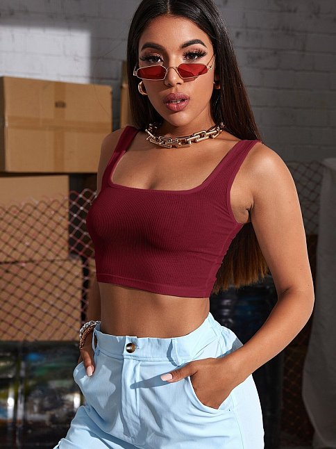 Kadın Bordo Kalın Askılı Crop Top Büstiyer – Modern Ve Şık Tasarım