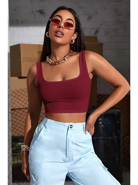 Kadın Bordo Kalın Askılı Crop Top Büstiyer – Modern Ve Şık Tasarım