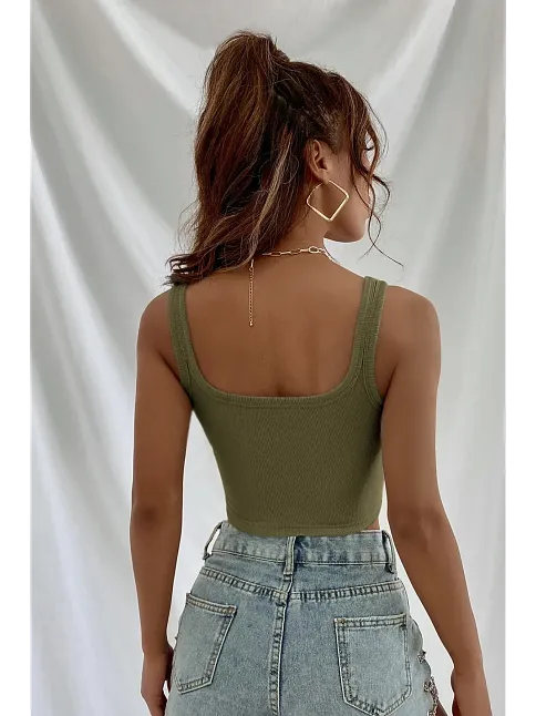 Kadın Haki Yeşili Kalın Askılı Crop Top Büstiyer – Modern Ve Şık Tasarım