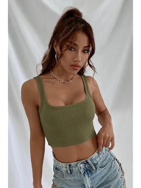 Kadın Haki Yeşili Kalın Askılı Crop Top Büstiyer – Modern Ve Şık Tasarım