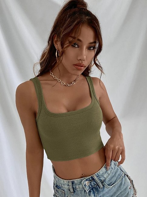 Kadın Haki Yeşili Kalın Askılı Crop Top Büstiyer – Modern Ve Şık Tasarım