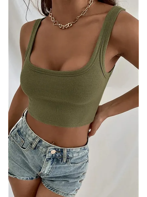 Kadın Haki Yeşili Kalın Askılı Crop Top Büstiyer – Modern Ve Şık Tasarım