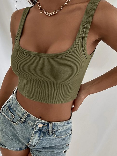 Kadın Haki Yeşili Kalın Askılı Crop Top Büstiyer – Modern Ve Şık Tasarım