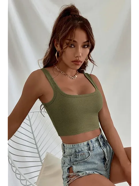 Kadın Haki Yeşili Kalın Askılı Crop Top Büstiyer – Modern Ve Şık Tasarım