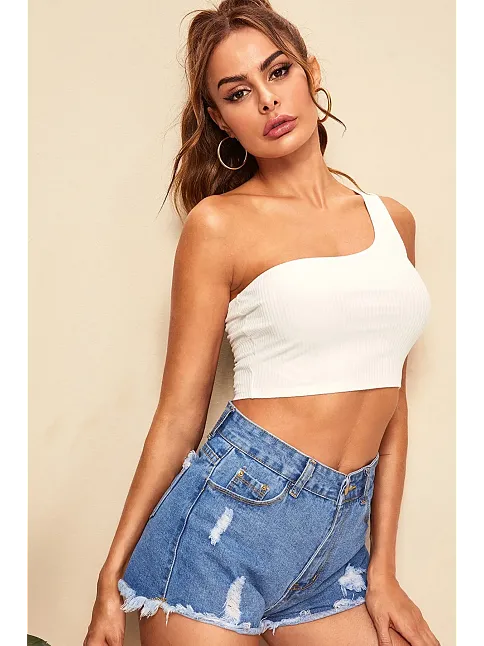 Kadın Beyaz Tek Omuz Crop Büstiyer – Modern Ve Şık Tasarım