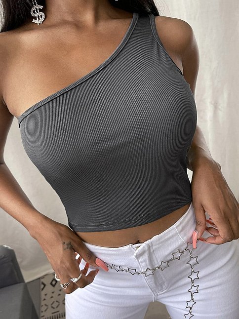 Kadın Koyu Gri Tek Omuz Crop Büstiyer – Modern Ve Şık Tasarım