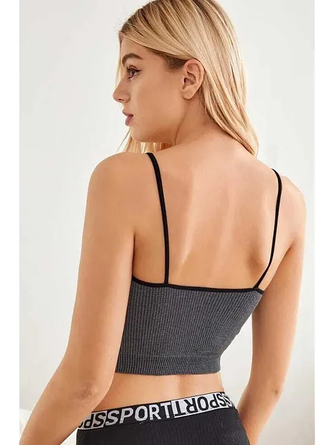 Kadın Anstrasit Gri İp Askılı Crop Top Bluz