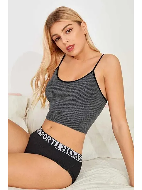Kadın Anstrasit Gri İp Askılı Crop Top Bluz