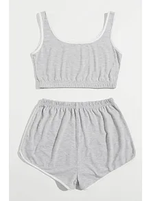 Kadın Gri Askılı Crop Top Ve Şortlu Gecelik Takım