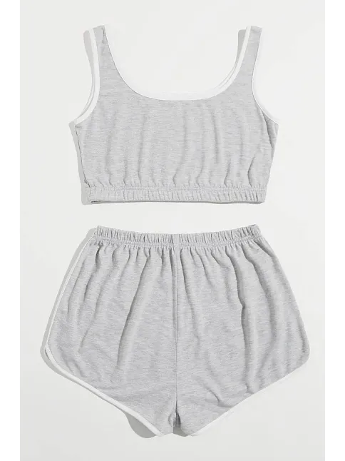 Kadın Gri Askılı Crop Top Ve Şortlu Gecelik Takım