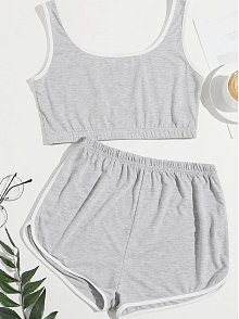 Kadın Gri Askılı Crop Top Ve Şortlu Gecelik Takım