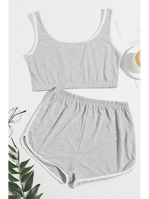 Kadın Gri Askılı Crop Top Ve Şortlu Gecelik Takım