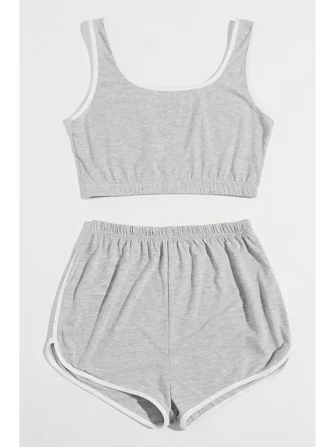 Kadın Gri Askılı Crop Top Ve Şortlu Gecelik Takım