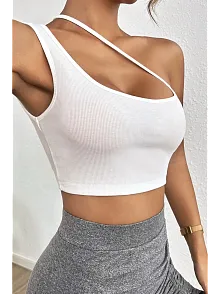 Kadın Beyaz Tek Omuzlu Çapraz Askılı Crop Top Büstiyer