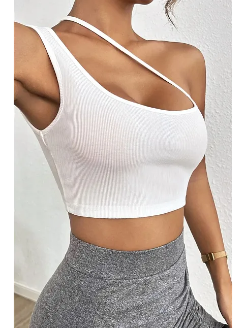 Kadın Beyaz Tek Omuzlu Çapraz Askılı Crop Top Büstiyer