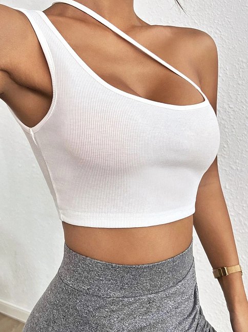 Kadın Beyaz Tek Omuzlu Çapraz Askılı Crop Top Büstiyer