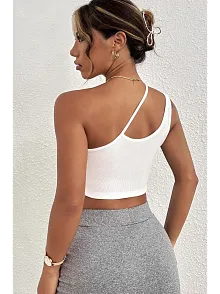Kadın Beyaz Tek Omuzlu Çapraz Askılı Crop Top Büstiyer