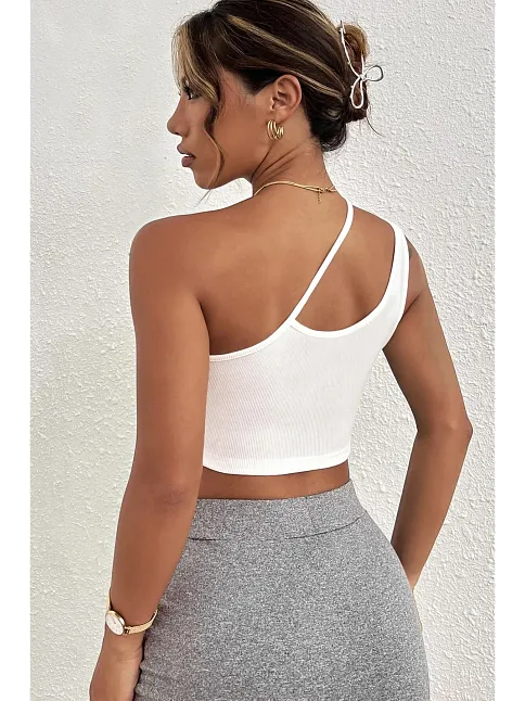 Kadın Beyaz Tek Omuzlu Çapraz Askılı Crop Top Büstiyer