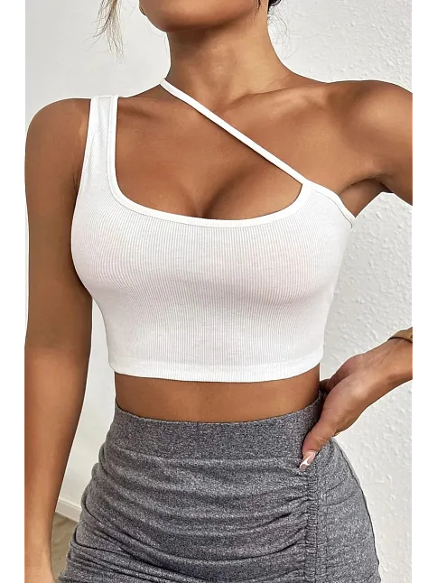 Kadın Beyaz Tek Omuzlu Çapraz Askılı Crop Top Büstiyer