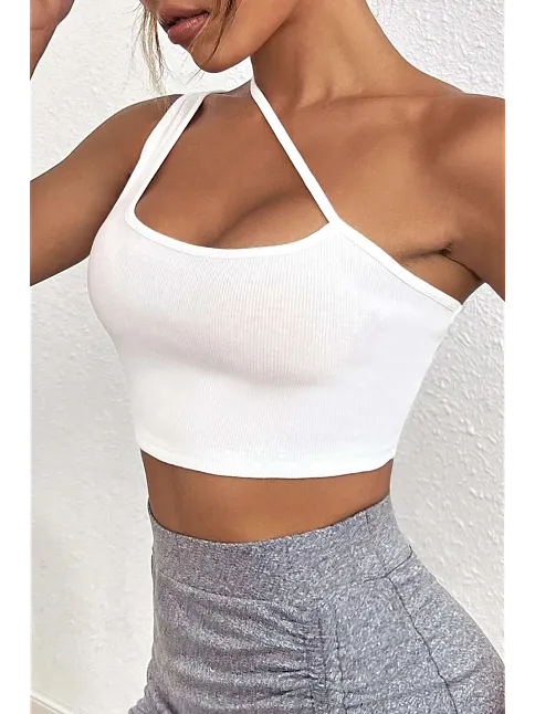 Kadın Beyaz Tek Omuzlu Çapraz Askılı Crop Top Büstiyer