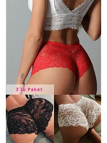 Kadın Siyah Beyaz Kırmızı 3'lü Paket Dantel Tanga Şort Külot – Modern Ve Şık Tasarım