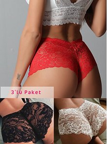 Kadın Siyah Beyaz Kırmızı 3'lü Paket Dantel Tanga Şort Külot – Modern Ve Şık Tasarım