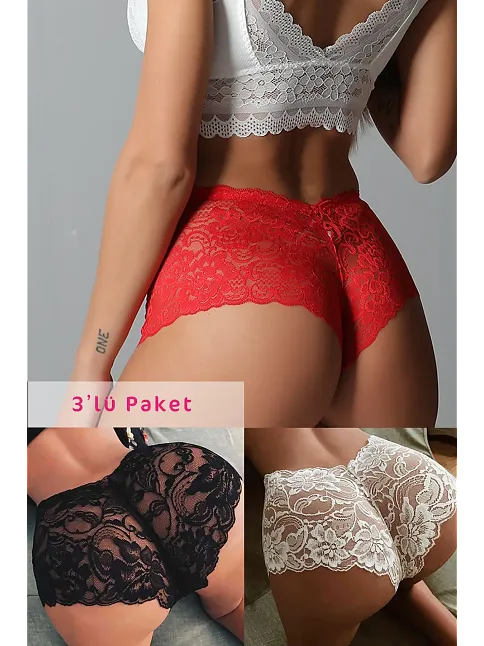 Kadın Siyah Beyaz Kırmızı 3'lü Paket Dantel Tanga Şort Külot – Modern Ve Şık Tasarım