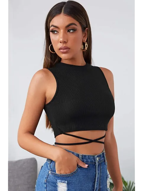 Kadın Siyah Çapraz Bağlamalı Crop Top Büstiyer – Modern Ve Şık Tasarım