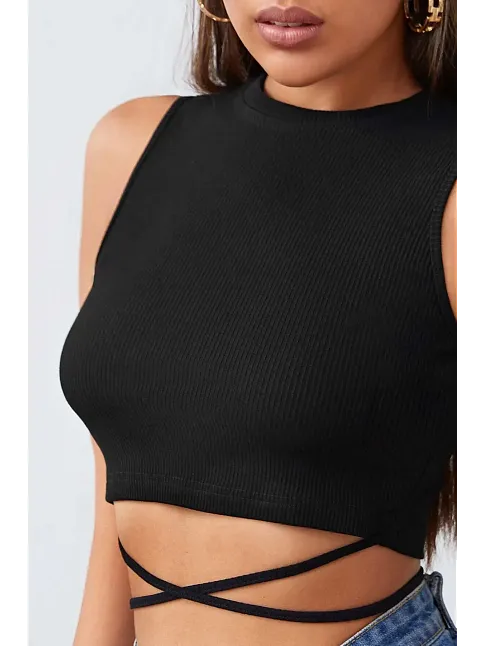 Kadın Siyah Çapraz Bağlamalı Crop Top Büstiyer – Modern Ve Şık Tasarım