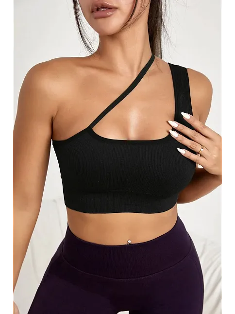 Kadın Siyah Tek Omuzlu Çapraz Askılı Crop Top Büstiyer – Modern Ve Şık Tasarım