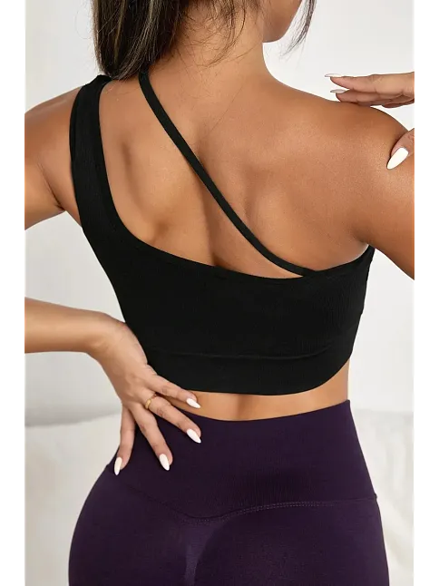 Kadın Siyah Tek Omuzlu Çapraz Askılı Crop Top Büstiyer – Modern Ve Şık Tasarım