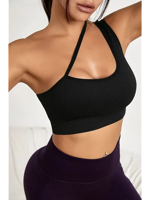 Kadın Siyah Tek Omuzlu Çapraz Askılı Crop Top Büstiyer – Modern Ve Şık Tasarım