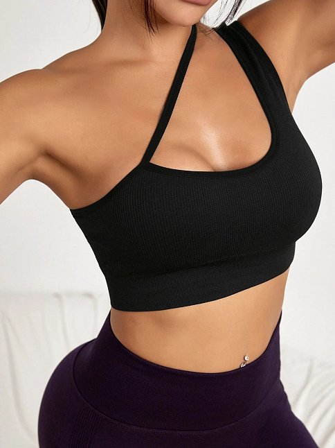 Kadın Siyah Tek Omuzlu Çapraz Askılı Crop Top Büstiyer – Modern Ve Şık Tasarım
