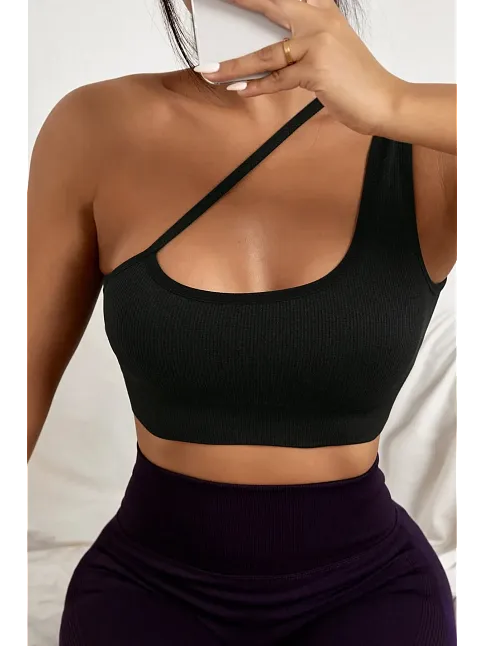 Kadın Siyah Tek Omuzlu Çapraz Askılı Crop Top Büstiyer – Modern Ve Şık Tasarım