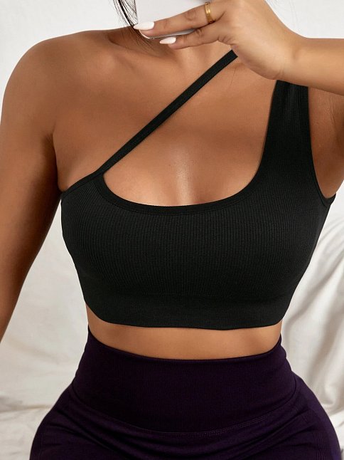 Kadın Siyah Tek Omuzlu Çapraz Askılı Crop Top Büstiyer – Modern Ve Şık Tasarım