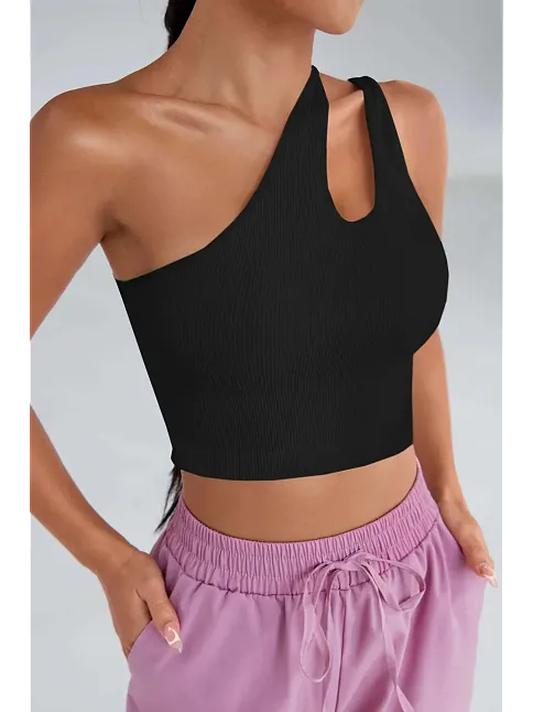 Kadın Siyah Tek Omuz Cut Out Detaylı Crop Top Bluz – Şık, Rahat Ve Kolay Kombinlenebilir