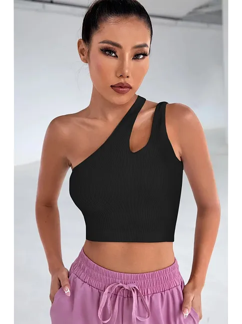 Kadın Siyah Tek Omuz Cut Out Detaylı Crop Top Bluz – Şık, Rahat Ve Kolay Kombinlenebilir