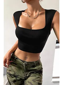 Kadın Siyah Kare Yaka Kalınlaşan Omuz Detaylı Crop Top Bluz