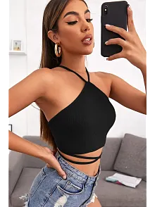 Kadın Siyah Sırtı Açık Boyundan Çapraz Bağlamalı Crop Top Bluz – Şık, Rahat Ve Kolay Kombinlenebilir