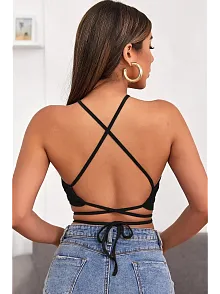 Kadın Siyah Sırtı Açık Boyundan Çapraz Bağlamalı Crop Top Bluz – Şık, Rahat Ve Kolay Kombinlenebilir