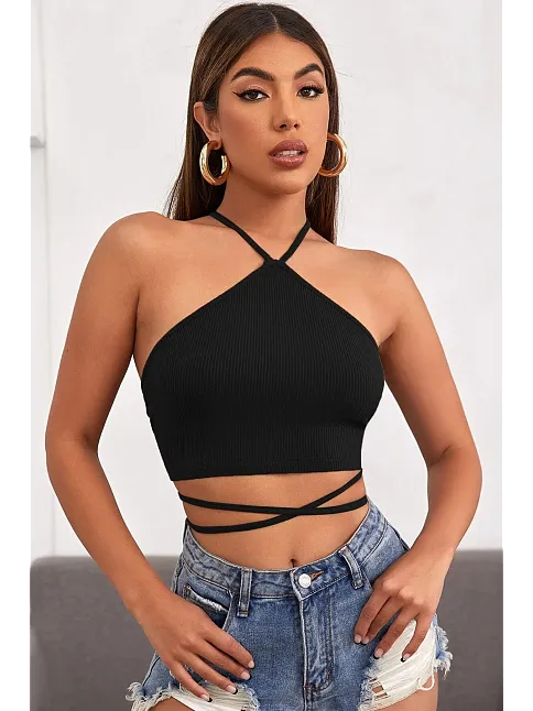 Kadın Siyah Sırtı Açık Boyundan Çapraz Bağlamalı Crop Top Bluz – Şık, Rahat Ve Kolay Kombinlenebilir