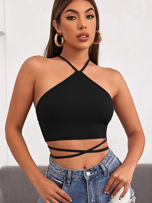Kadın Siyah Sırtı Açık Boyundan Çapraz Bağlamalı Crop Top Bluz – Şık, Rahat Ve Kolay Kombinlenebilir