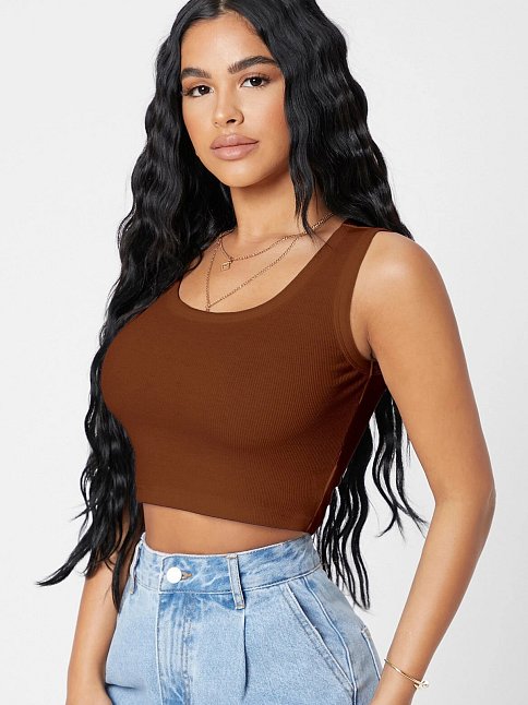 Kadın Kahverengi Kare Yaka Crop Top Bluz – Şık, Rahat Ve Kolay Kombinlenebilir
