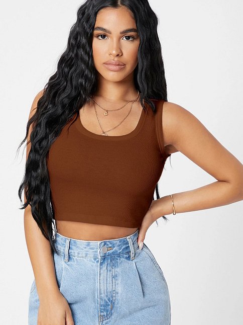 Kadın Kahverengi Kare Yaka Crop Top Bluz – Şık, Rahat Ve Kolay Kombinlenebilir