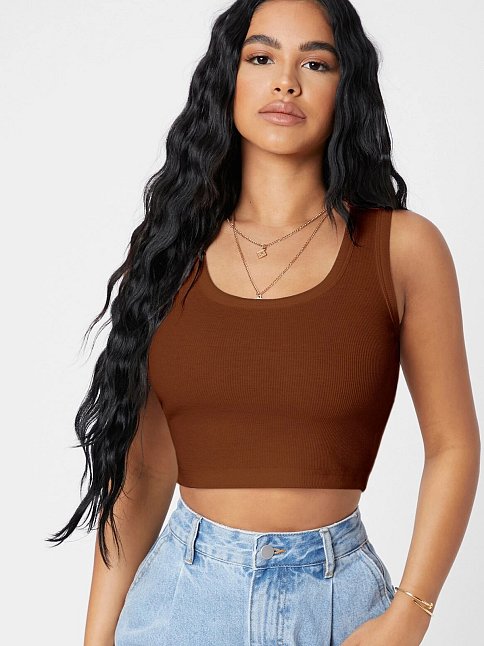 Kadın Kahverengi Kare Yaka Crop Top Bluz – Şık, Rahat Ve Kolay Kombinlenebilir