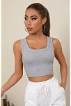 Kadın Gri Kare Yaka Crop Top Bluz – Şık, Rahat Ve Kolay Kombinlenebilir
