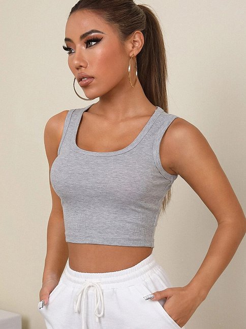 Kadın Gri Kare Yaka Crop Top Bluz – Şık, Rahat Ve Kolay Kombinlenebilir